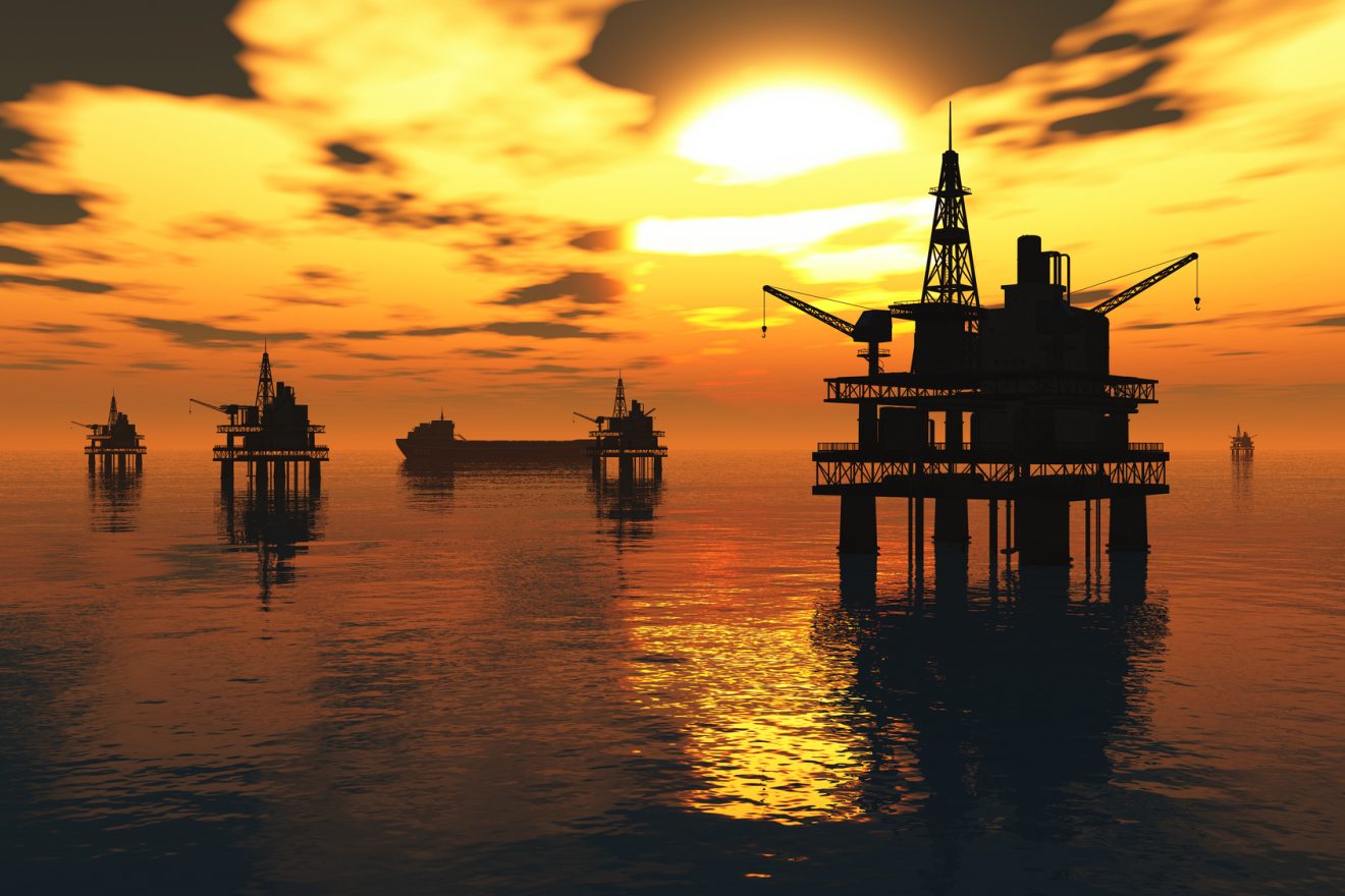 Sea Oil Platforms and Tanker in the Sunset 3D render - Littlegate